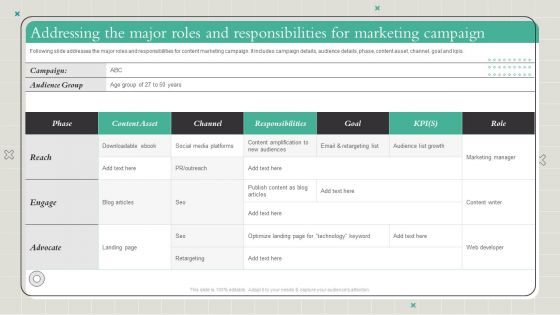 Playbook To Formulate Efficient Addressing The Major Roles And Responsibilities For Marketing Infographics PDF