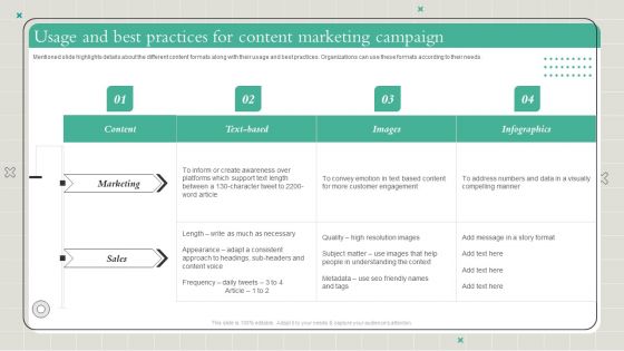 Playbook To Formulate Efficient Usage And Best Practices For Content Marketing Campaign Template PDF
