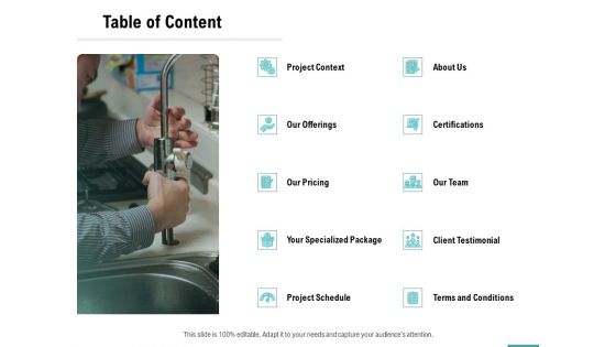 Plumbing Sanitary Works Table Of Content Ppt Styles Rules PDF