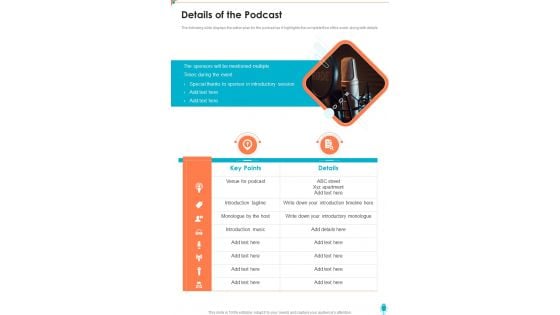 Podcast Funding Proposal Template Details Of The Podcast One Pager Sample Example Document