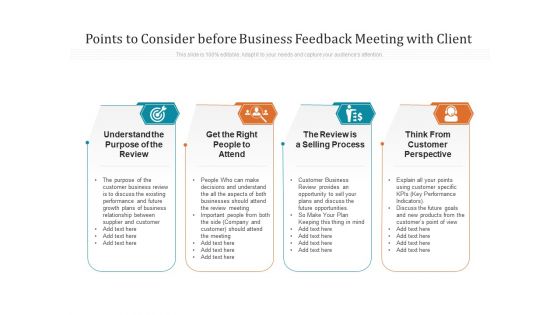 Points To Consider Before Business Feedback Meeting With Client Ppt PowerPoint Presentation Gallery Graphics Tutorials PDF