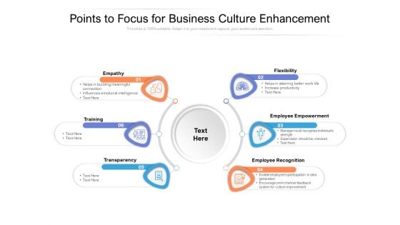 Points To Focus For Business Culture Enhancement Ppt PowerPoint Presentation Diagram Graph Charts PDF Points To Focus For Business Culture Enhancement Ppt PowerPoint Presentation Diagram Graph Charts PDF