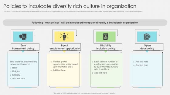 Policies To Inculcate Diversity Rich Culture In Organization Diagrams PDF