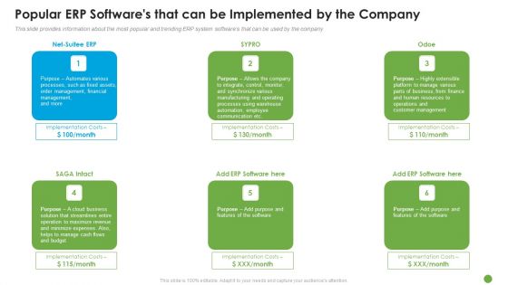 Popular ERP Softwares That Can Be Implemented By The Company Ppt Styles Shapes PDF