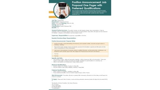 Position Announcement Job Proposal One Pager With Preferred Qualifications PDF Document PPT Template