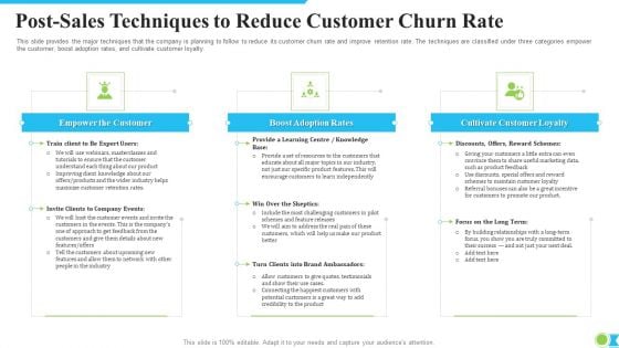 Post-Sales Techniques To Reduce Customer Churn Rate Ppt Slides Graphics Template PDF