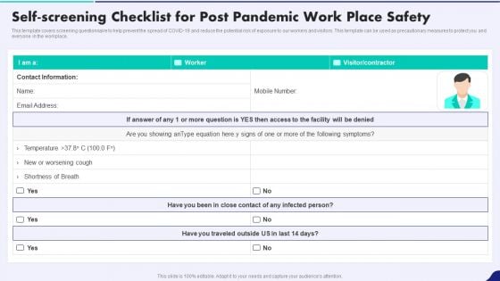 Post Pandemic Corporate Playbook Self Screening Checklist For Post Pandemic Work Place Safety Designs PDF Post Pandemic Corporate Playbook Self Screening Checklist For Post Pandemic Work Place Safety Designs PDF