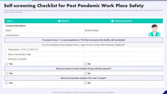 Post Pandemic Corporate Playbook Self Screening Checklist For Post Pandemic Work Place Safety Designs PDF