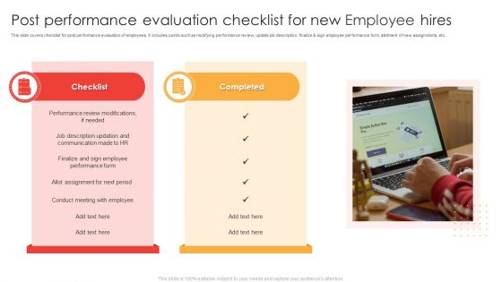 Post Performance Evaluation Checklist For New Employee Hires Ppt Outline Graphics PDF