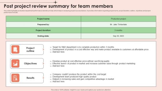 Post Project Review Summary For Team Members Diagrams PDF