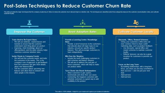 Post Sales Techniques To Reduce Customer Churn Rate Ppt Summary Influencers PDF Post Sales Techniques To Reduce Customer Churn Rate Ppt Summary Influencers PDF