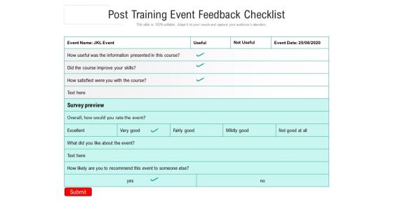 Post Training Event Feedback Checklist Ppt PowerPoint Presentation Gallery Design Inspiration PDF