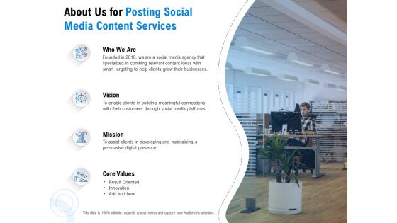 Posting Social Media Content About Us For Posting Social Media Content Services Ppt PowerPoint Presentation Outline Ideas PDF Posting Social Media Content About Us For Posting Social Media Content Services Ppt PowerPoint Presentation Outline Ideas PDF
