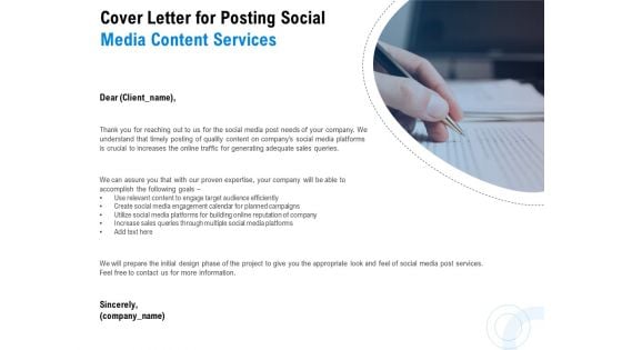 Posting Social Media Content Cover Letter For Posting Social Media Content Services Diagrams PDF