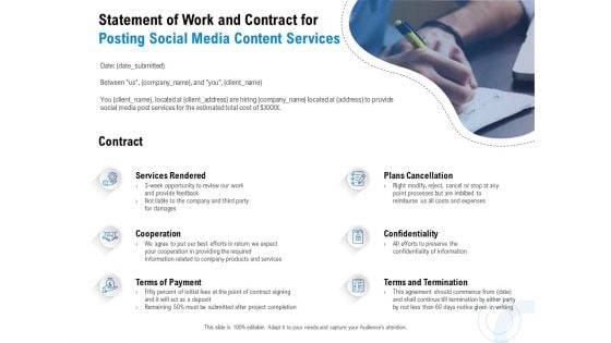 Posting Social Media Content Statement Of Work And Contract For Posting Social Media Content Services Portrait PDF