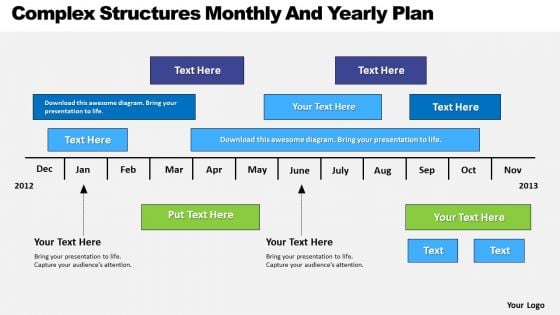 PowerPoint Arrow Shapes Complex Structures Monthly And Yearly Plan Slides