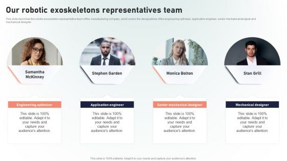 Powered Armor Our Robotic Exoskeletons Representatives Team Mockup PDF Powered Armor Our Robotic Exoskeletons Representatives Team Mockup PDF
