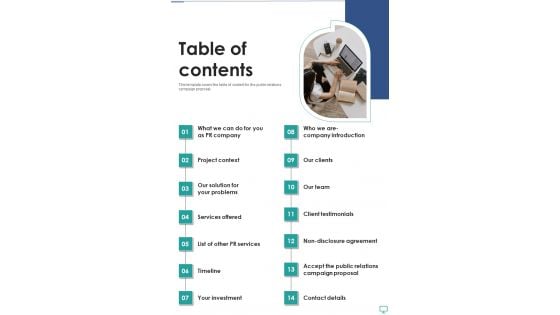 Pr Services Contract Proposal Table Of Contents One Pager Sample Example Document