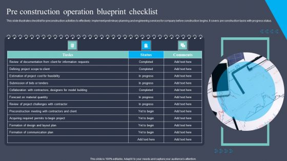 Pre Construction Operation Blueprint Checklist Themes PDF