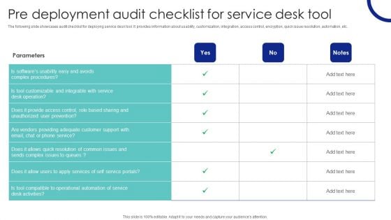 Pre Deployment Audit Checklist For Service Desk Tool Ppt PowerPoint Presentation Diagram PDF Pre Deployment Audit Checklist For Service Desk Tool Ppt PowerPoint Presentation Diagram PDF