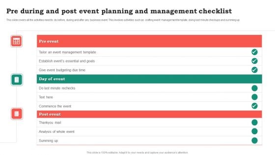 Pre During And Post Event Planning And Management Checklist Template PDF