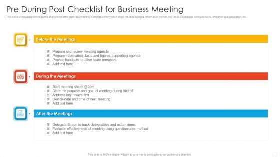 Pre During Post Checklist For Business Meeting Elements PDF Pre During Post Checklist For Business Meeting Elements PDF