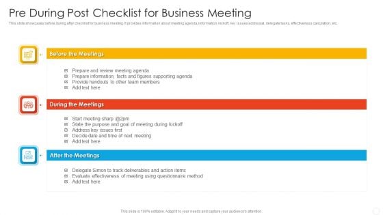 Pre During Post Checklist For Business Meeting Elements PDF