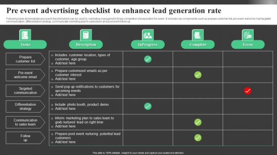 Pre Event Advertising Checklist To Enhance Lead Generation Rate Portrait PDF