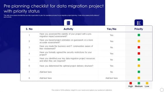 Pre Planning Checklist For Data Migration Project With Priority Status Elements PDF