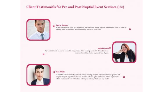 Pre Postnuptial Client Testimonials For Pre And Post Nuptial Event Services Ppt Pictures Gallery PDF