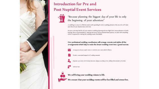 Pre Postnuptial Introduction For Pre And Post Nuptial Event Services Ppt Visual Aids Portfolio PDF