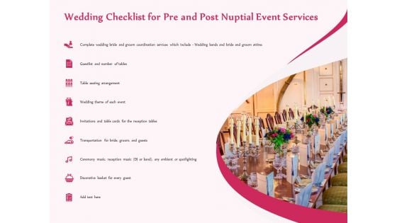 Pre Postnuptial Wedding Checklist For Pre And Post Nuptial Event Services Ppt Portfolio Smartart PDF