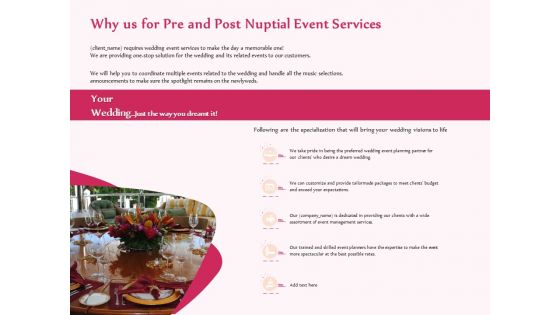 Pre Postnuptial Why Us For Pre And Post Nuptial Event Services Ppt Portfolio Gridlines PDF