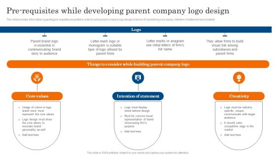 Pre Requisites While Developing Parent Company Logo Design Ppt PowerPoint Presentation Diagram Graph Charts PDF Pre Requisites While Developing Parent Company Logo Design Ppt PowerPoint Presentation Diagram Graph Charts PDF