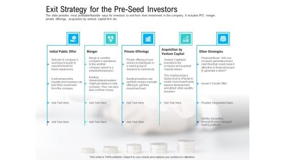 Pre Seed Funding Pitch Deck Exit Strategy For The Pre Seed Investors Brochure PDF