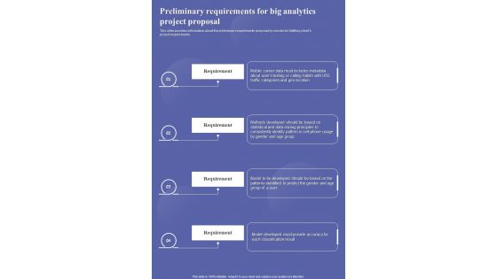 Preliminary Requirements For Big Analytics Project Proposal One Pager Sample Example Document