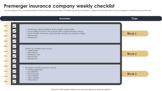 Premerger Insurance Company Weekly Checklist Structure PDF