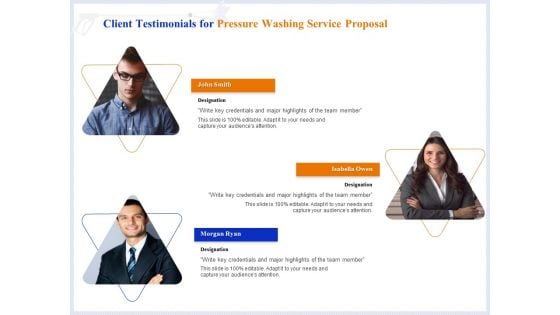 Pressure Cleaning Proposal And Service Agreement Client Testimonials For Pressure Washing Service Proposal Infographics PDF