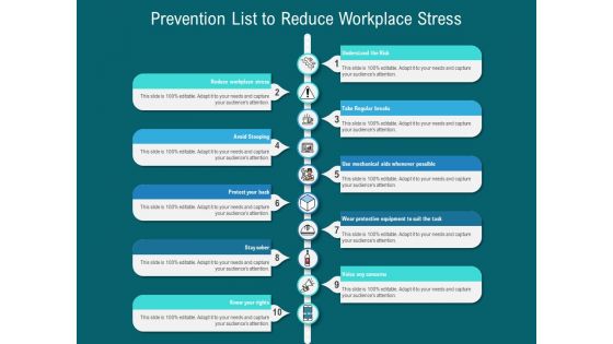 Prevention List To Reduce Workplace Stress Ppt PowerPoint Presentation Gallery Guide PDF