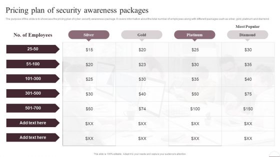 Prevention Of Information Pricing Plan Of Security Awareness Packages Elements PDF