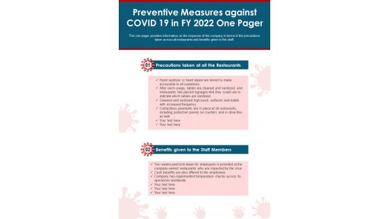 Preventive Measures Against COVID 19 In FY 2022 One Pager PDF Document PPT Template