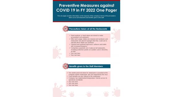 Preventive Measures Against COVID 19 In FY 2022 One Pager PDF Document PPT Template Preventive Measures Against COVID 19 In FY 2022 One Pager PDF Document PPT Template