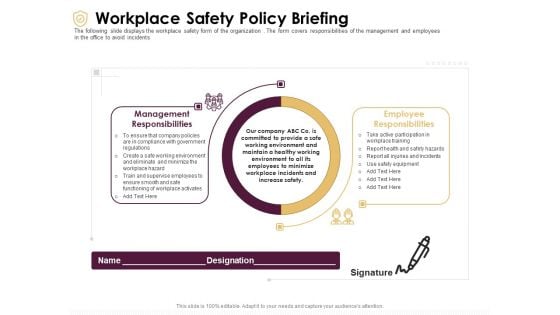 Preventive Measures Workplace Workplace Safety Policy Briefing Ppt Pictures Gallery PDF