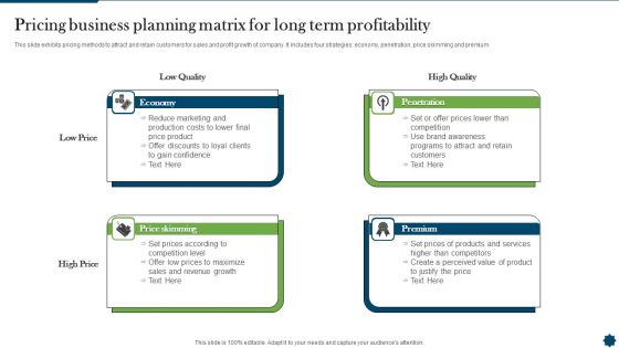 Pricing Business Planning Matrix For Long Term Profitability Infographics PDF