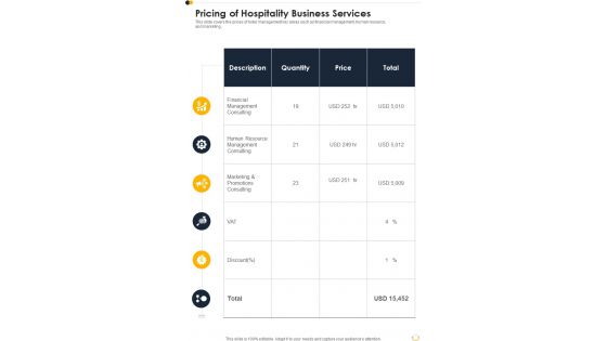 Pricing Of Hospitality Business Services One Pager Sample Example Document