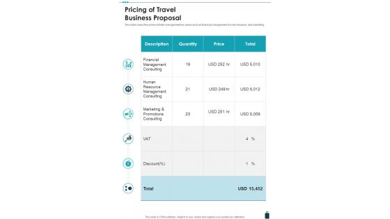 Pricing Of Travel Business Proposal One Pager Sample Example Document