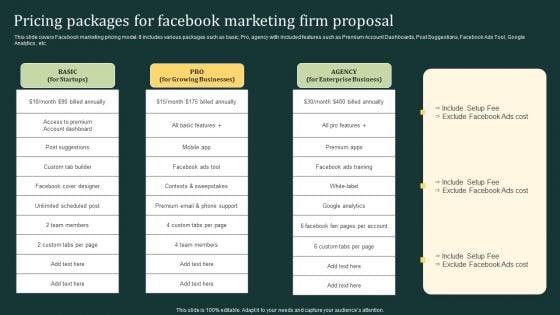 Pricing Packages For Facebook Marketing Firm Proposal Ppt Slides Graphic Images PDF