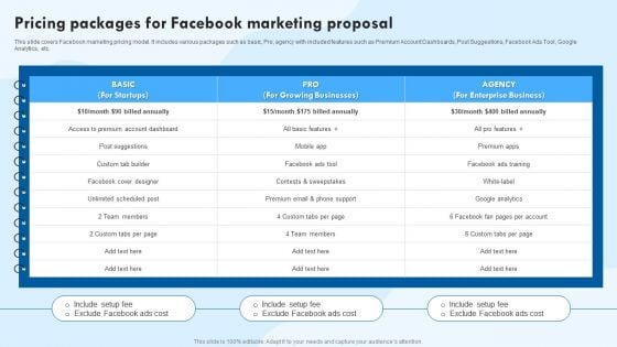 Pricing Packages For Facebook Marketing Proposal Ppt Layouts Ideas PDF