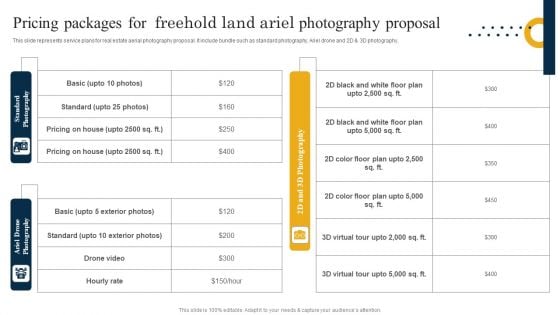 Pricing Packages For Freehold Land Ariel Photography Proposal Diagrams PDF