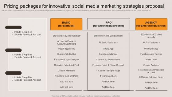 Pricing Packages For Innovative Social Media Marketing Strategies Proposal Designs PDF Pricing Packages For Innovative Social Media Marketing Strategies Proposal Designs PDF